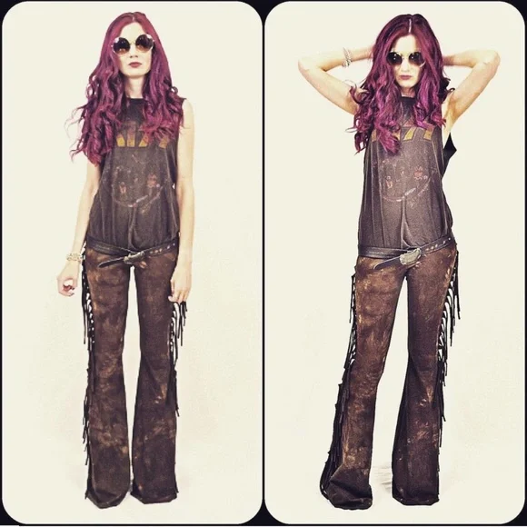 SHORT LENGTH High Waisted Fringe Bell Bottoms in BROWN TIE DYE Sizes XS S M L XL - Picture 4 of 8